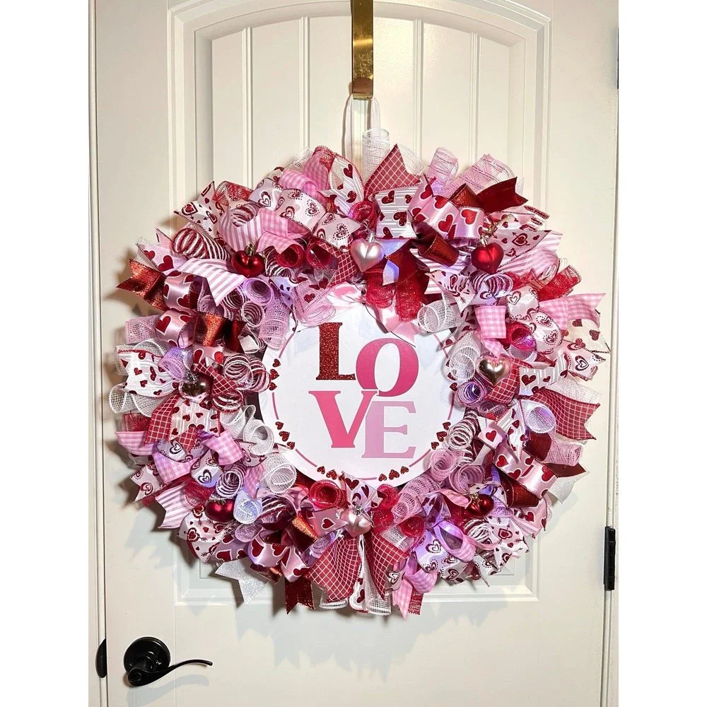 XL Handmade Valentine’s LOVE Ribbon Prelit Wreath 26 ins LED XLW4
